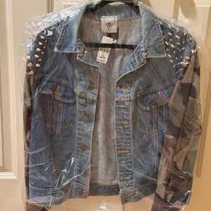 NWT vintage one of a kind denim jacket with camo sleeves and studs